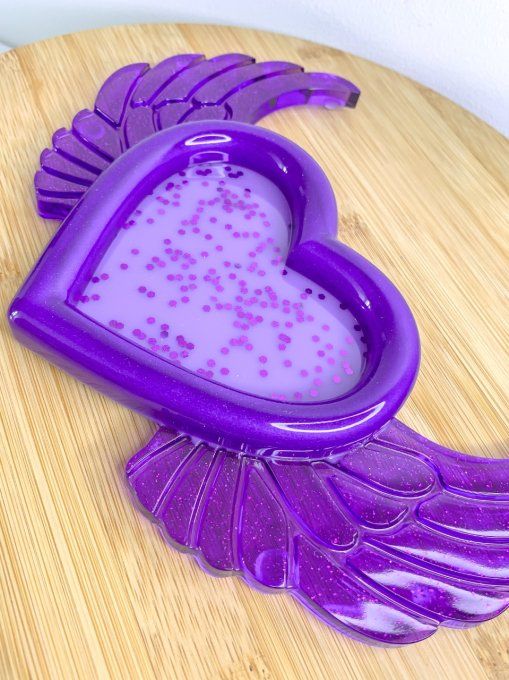 Vide-poches cœur ailés violet et paillettes 