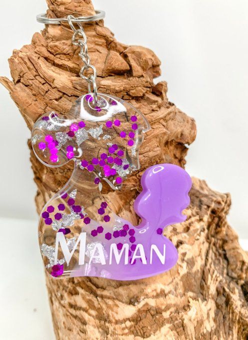 Porte-clés "MAMAN" violet, paillettes et feuilles argent