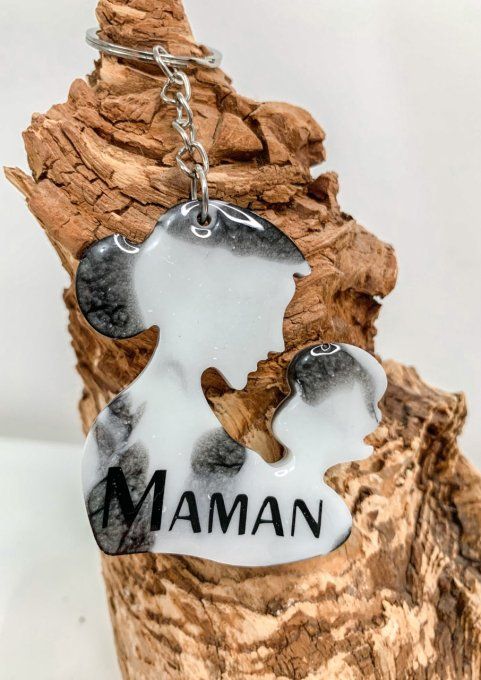 Porte-clés "MAMAN" marbré noir et blanc