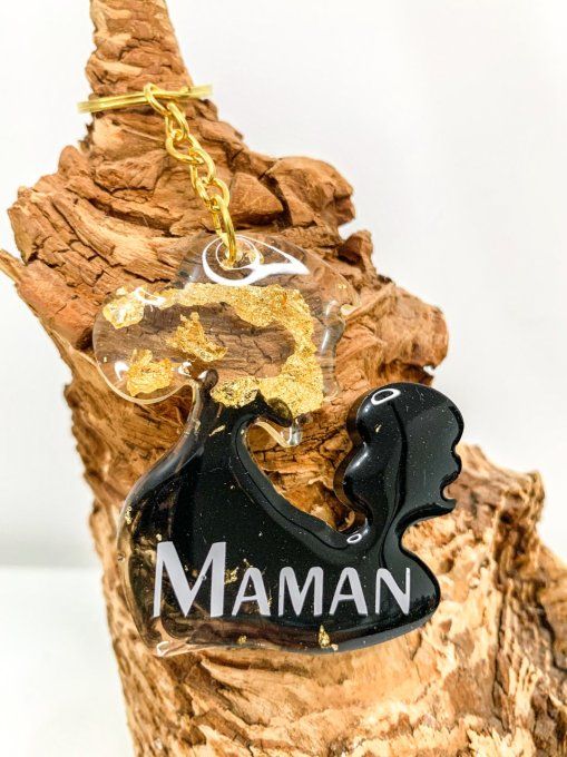 Porte-clés "MAMAN" noir et feuilles or