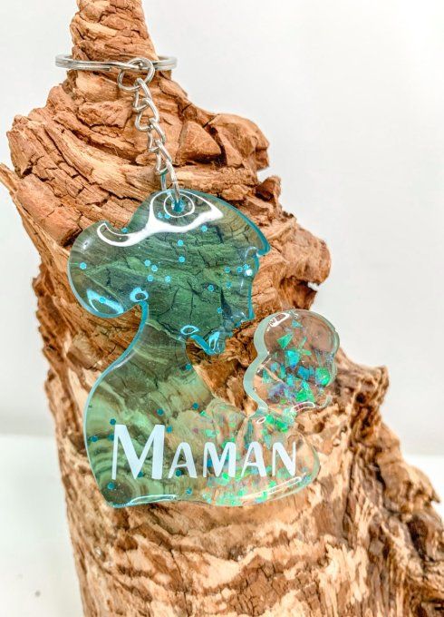 Porte-clés "MAMAN" turquoise et feuilles holographiques
