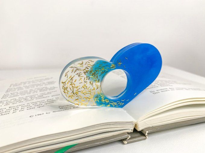 Bague de lecture cœur bleu et paillettes or