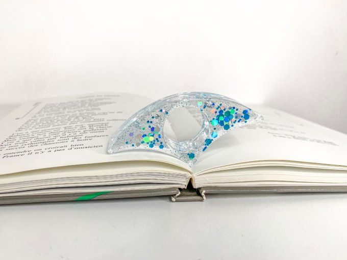 Bague de lecture paillettes bleues holo et feuilles argent