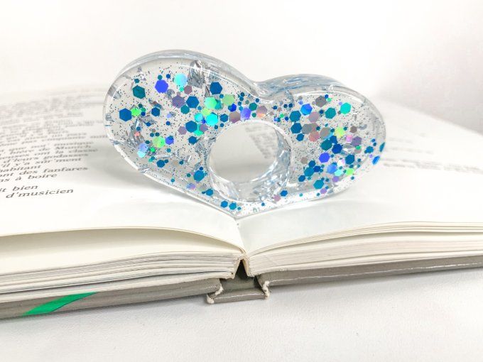 Bague de lecture coeur paillettes bleues et argent