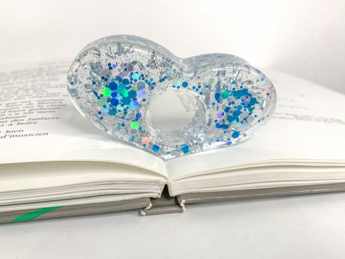 Bague de lecture paillettes bleues holo et feuilles argent