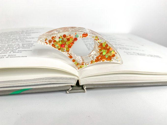 Bague de lecture paillettes or et orange holographiques