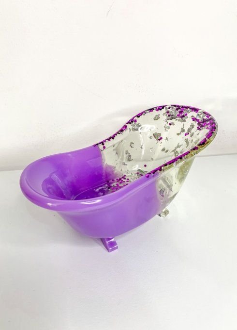 Vide-poches baignoire violet, paillettes et feuilles argent