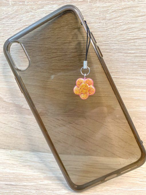 Bijou de téléphone fleur rose et paillettes or