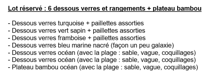 Lot réservé : 6 lots dessous verres + plateau bambou
