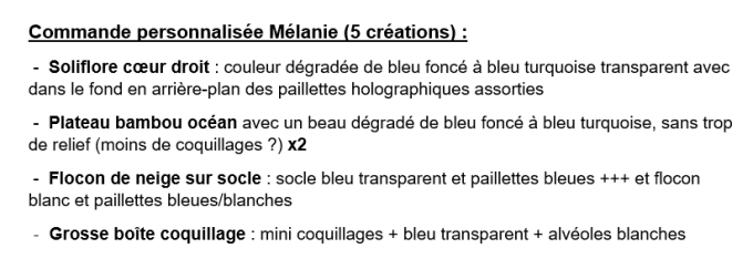 Commande personnalisée Mélanie (5 créations)