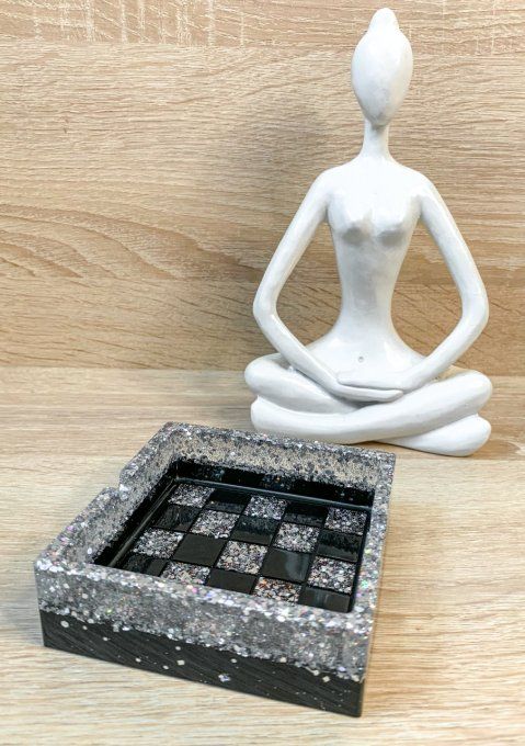 Cendrier carré damier noir et paillettes argent