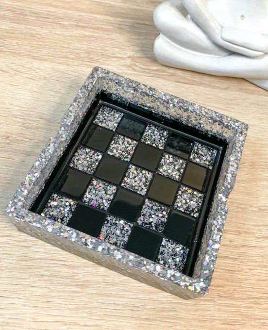 Cendrier carré damier noir et paillettes argent