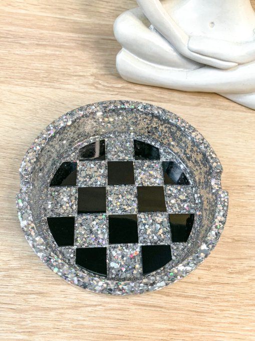 Cendrier rond damier noir et paillettes argent