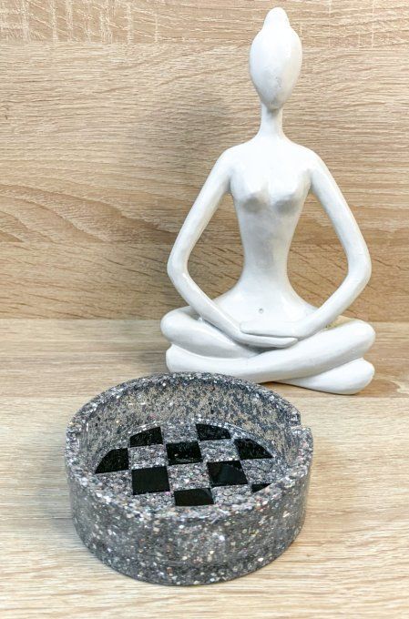 Cendrier rond damier noir et paillettes argent