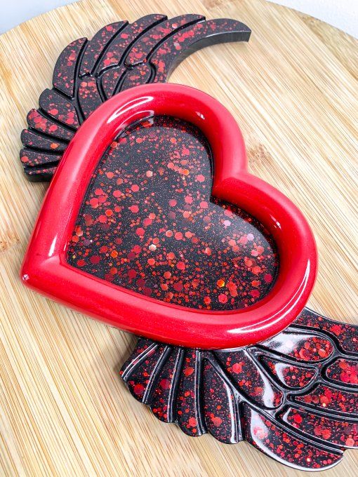Vide-poches cœur ailés noir rouge et paillettes rouge