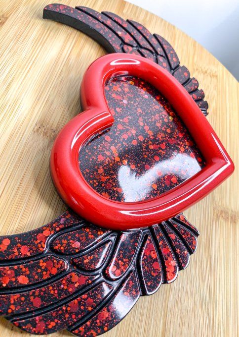 Vide-poches cœur ailés noir rouge et paillettes rouge