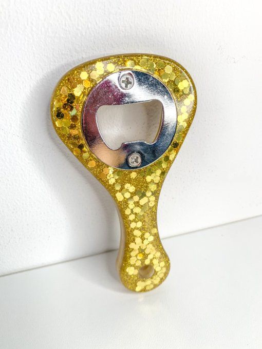 Décapsuleur raquette paillettes or et beige