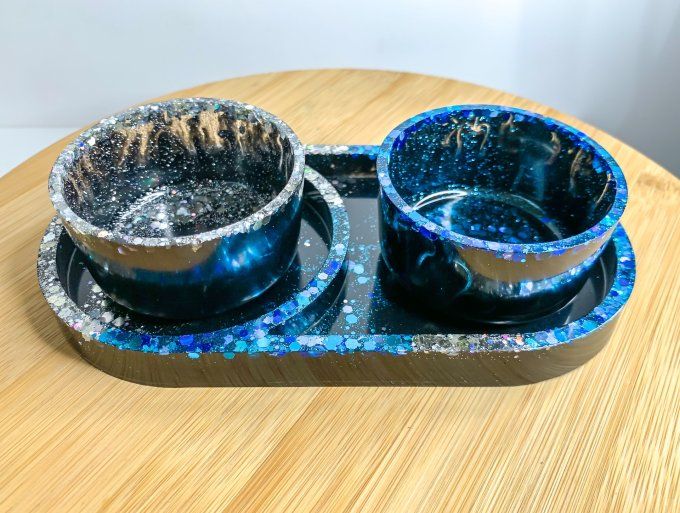 Assortiment plateau/pot noir avec paillettes bleues et argentées (3 pièces)
