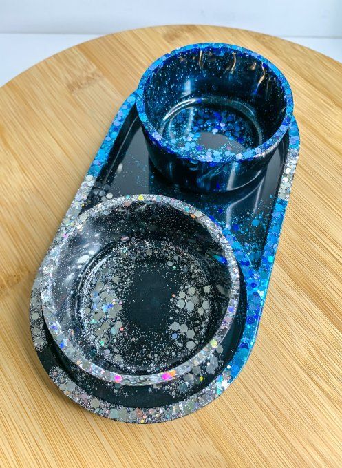 Assortiment plateau/pot noir avec paillettes bleues et argentées (3 pièces)