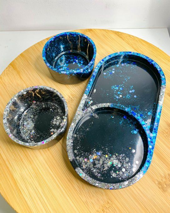Assortiment plateau/pot noir avec paillettes bleues et argentées (3 pièces)