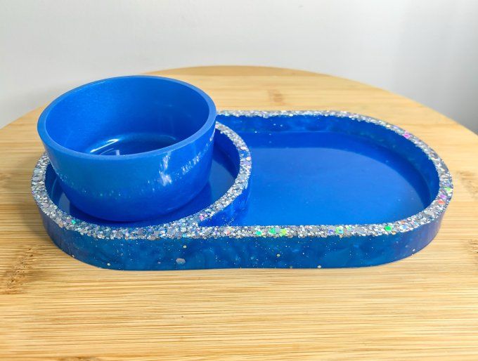 Assortiment plateau/pot bleu roi et paillettes argentées (2 pièces) 