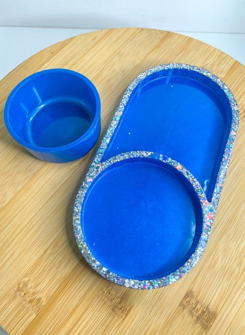 Assortiment plateau/pot bleu roi et paillettes argentées (2 pièces) 