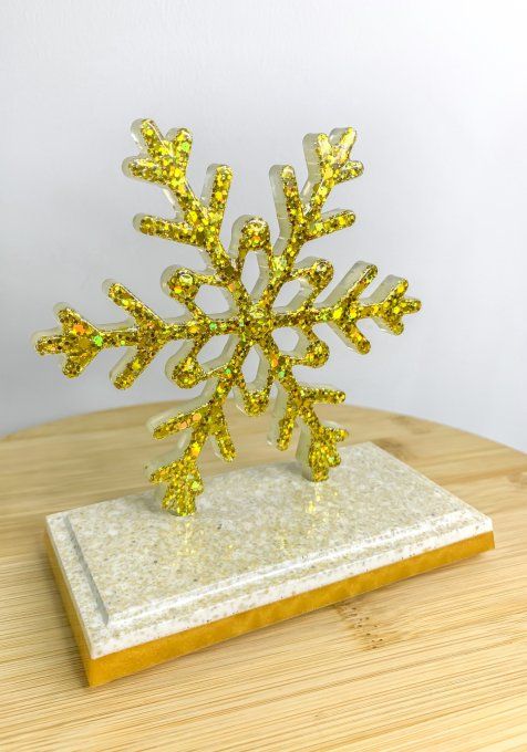 Déco flocon paillettes or et socle blanc et doré pailleté 
