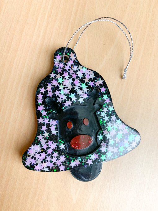 Cloche Renne de Noël noir et paillettes étoiles