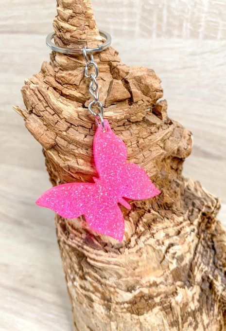 Porte-clés papillon rose paillettes