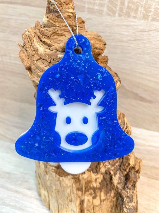 Cloche Renne de Noël bleu paillettes et blanc
