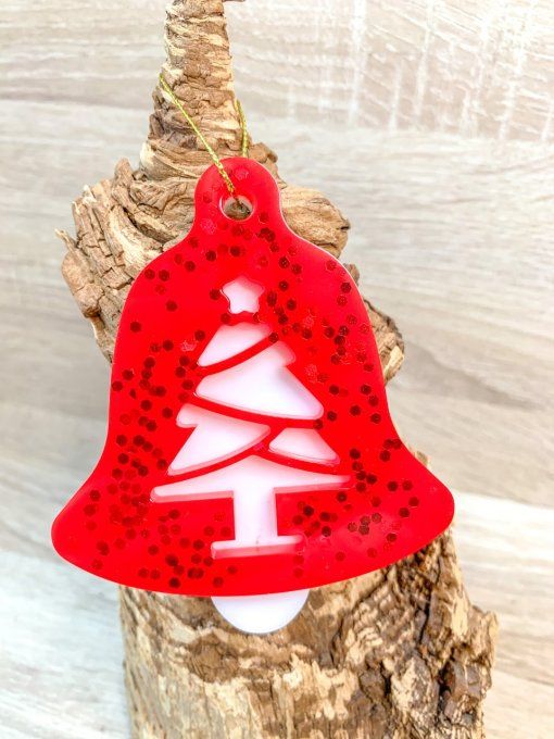 Cloche Sapin de Noël rouge paillettes et blanc
