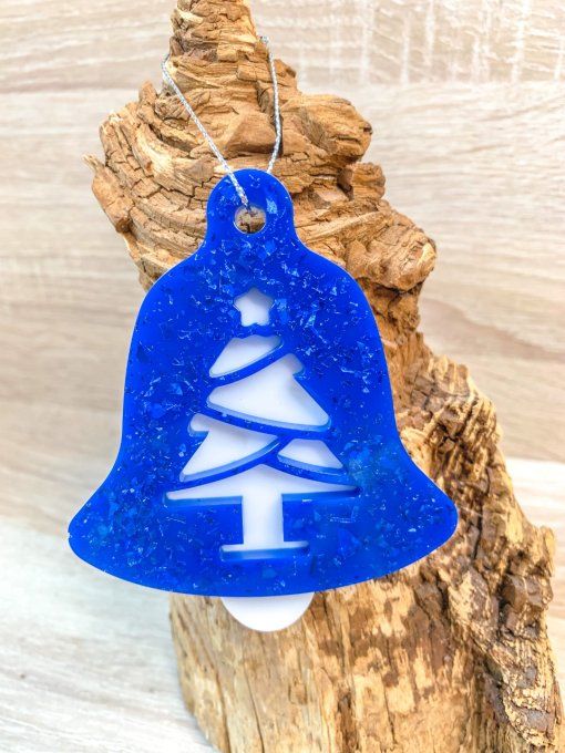 Cloche Sapin de Noël bleu paillettes et blanc