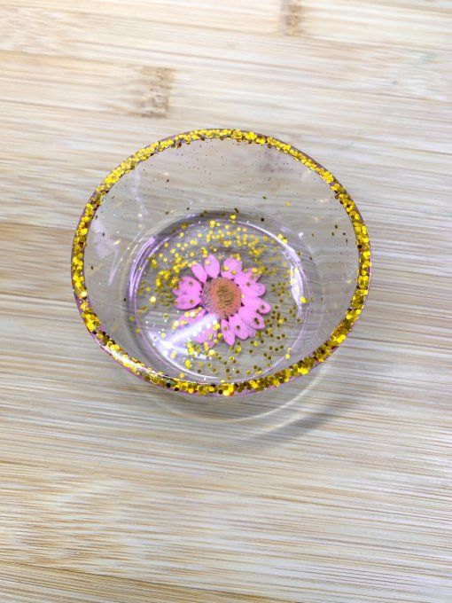 Petit vide poche rond avec fleur rose et paillettes or