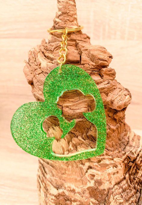 Porte-clés femme et enfant vert paillettes