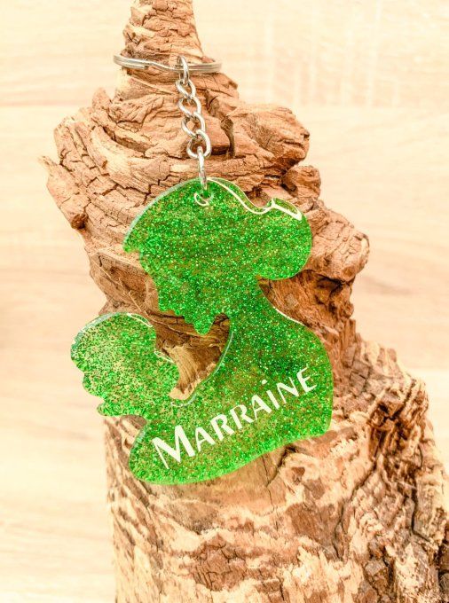 Porte-clés "MARRAINE" vert paillettes