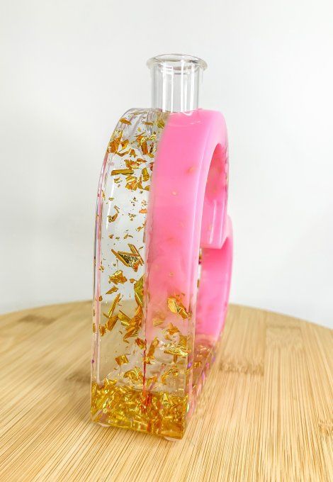 Soliflore coeur penché rose, paillettes et feuilles d'or