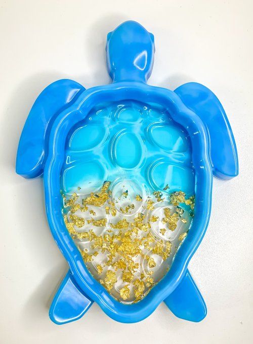 Plateau tortue bleu et feuilles d'or