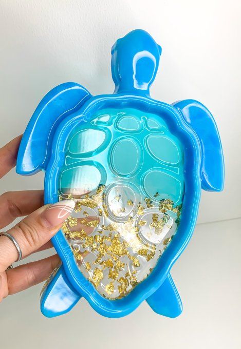 Plateau tortue bleu et feuilles d'or
