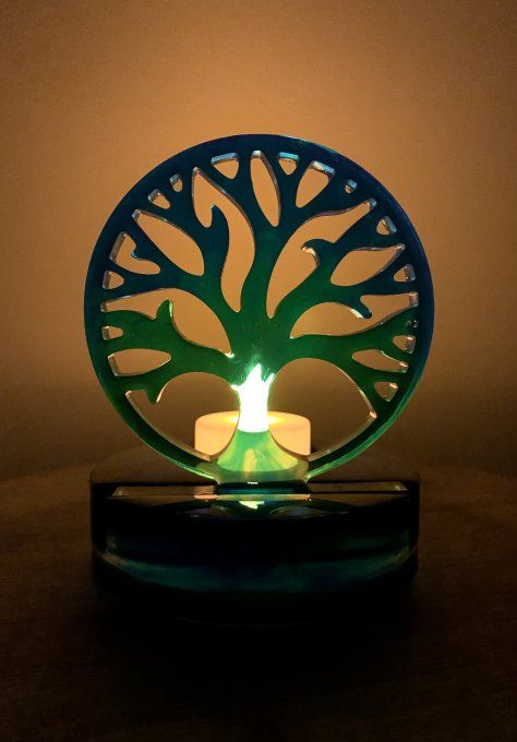 Bougeoir arbre de vie bleu et turquoise transparent 