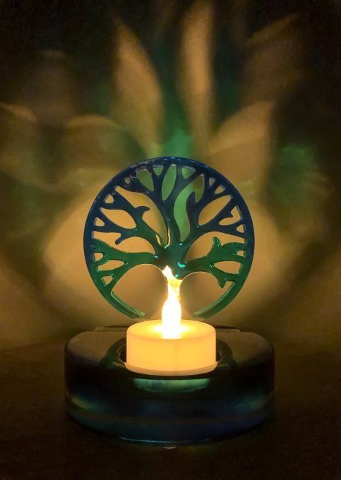 Bougeoir arbre de vie bleu et turquoise transparent 