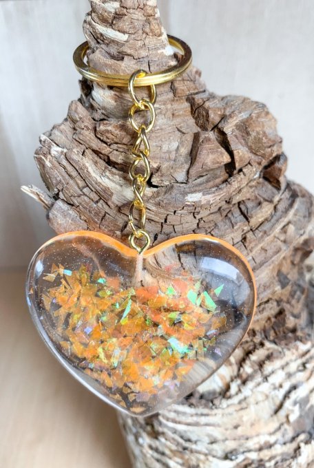 Porte-clés gros cœur orange holographique