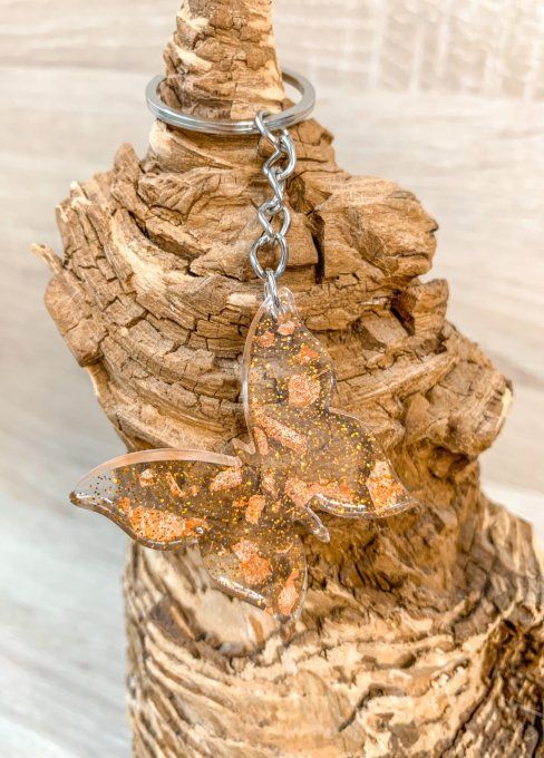 Porte-clés papillon feuilles cuivre et paillettes