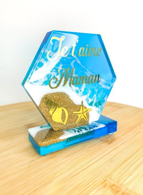 Hexagone sur socle "Je t'aime Maman" océan