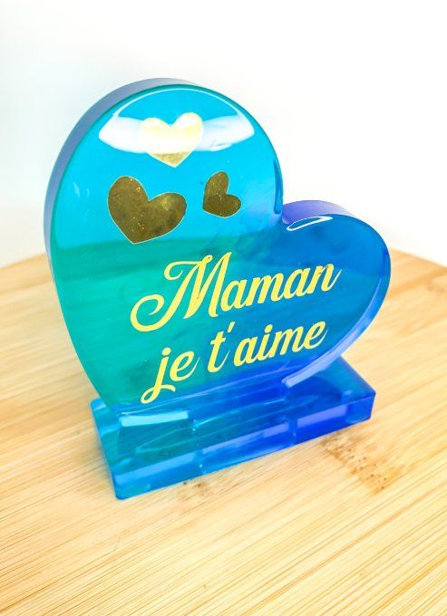 Petit coeur sur socle "Maman je t'aime" double bleu
