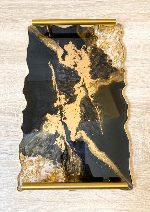 Plateau rectangle noir/or et feuilles d'or (avec poignées)