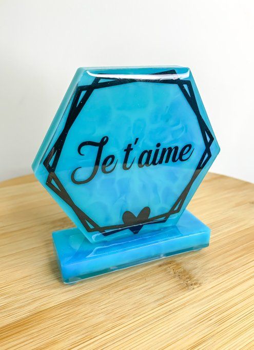 Petit hexagone sur socle bleu marbré "je t'aime"