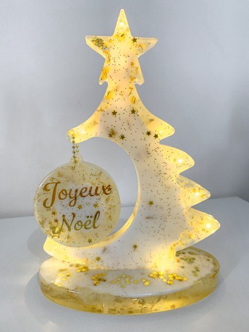 Sapin de Noël sur socle blanc et or (avec LED)