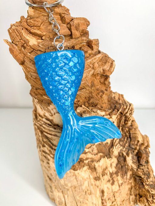 Porte-clés sirène bleue FLUORESCENTE et paillettes