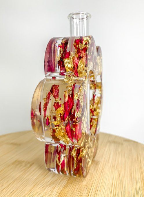 Soliflore fleur/coeur pétales de rose et feuilles d'or