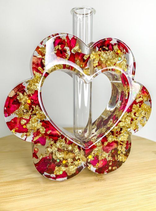 Soliflore fleur/coeur pétales de rose et feuilles d'or